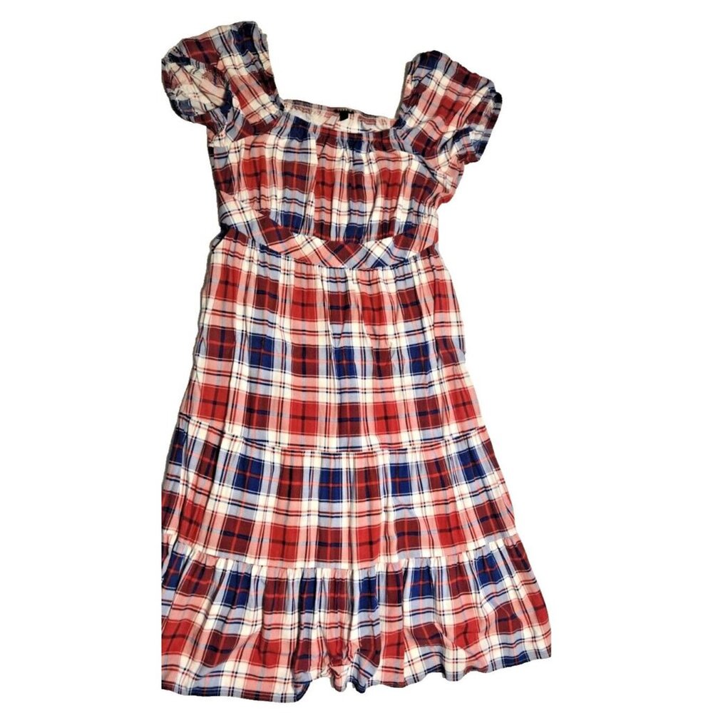 Torrid Puff Sleeve Tiered Challis Plaid Red White & Blue Prairie Maxi Dress 1X - Picture 2 of 16
